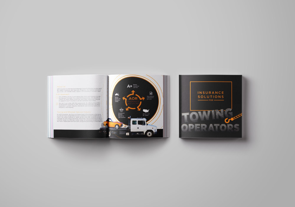 Sales brochure for a insurance company specializing in towing insurance